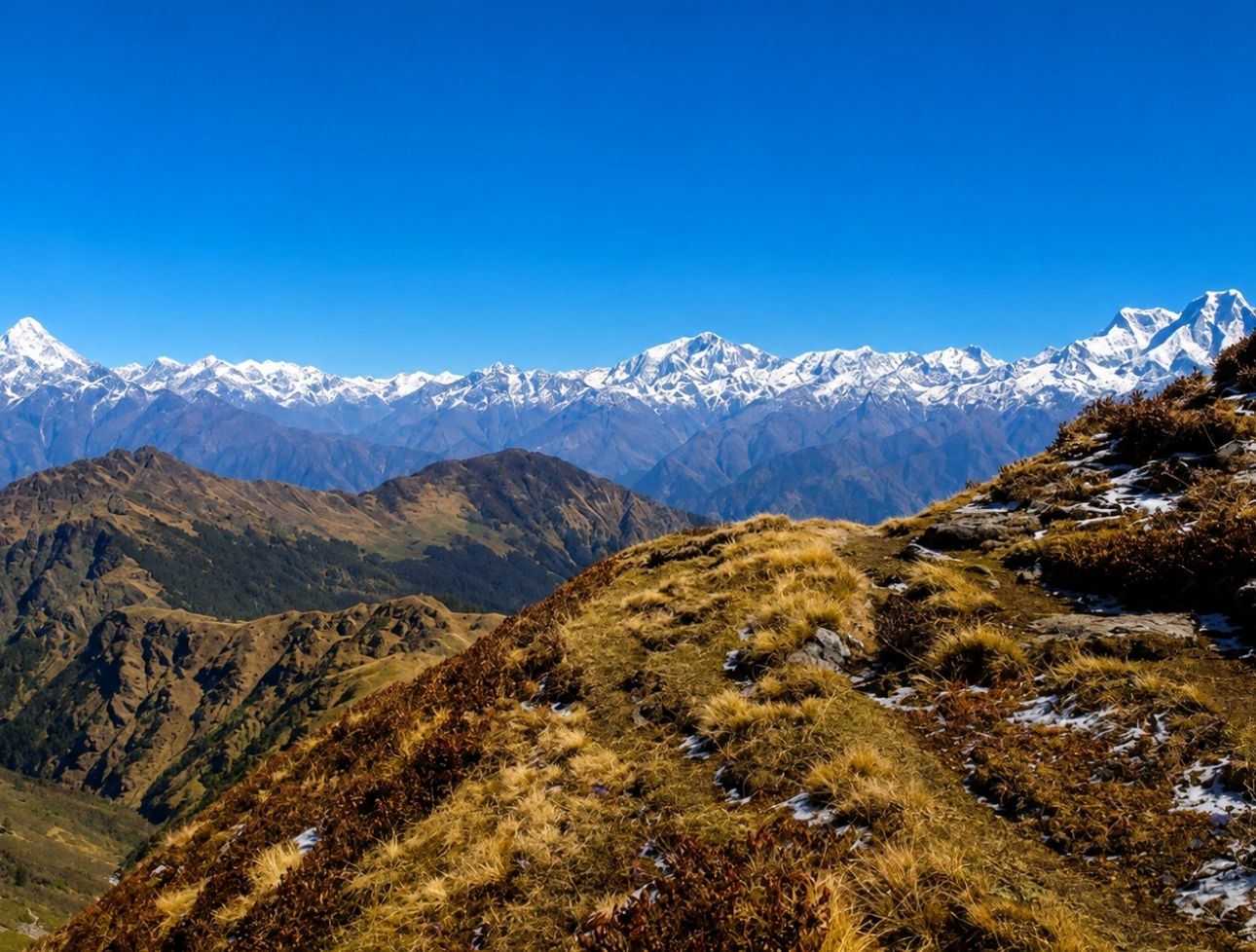 A traditional Pagoda-style Hindu temple made of stone and a red metal roof, adorned with colorful Buddhist prayer flags, set against a rocky mountain slope in Panchpokhari, Nepal.