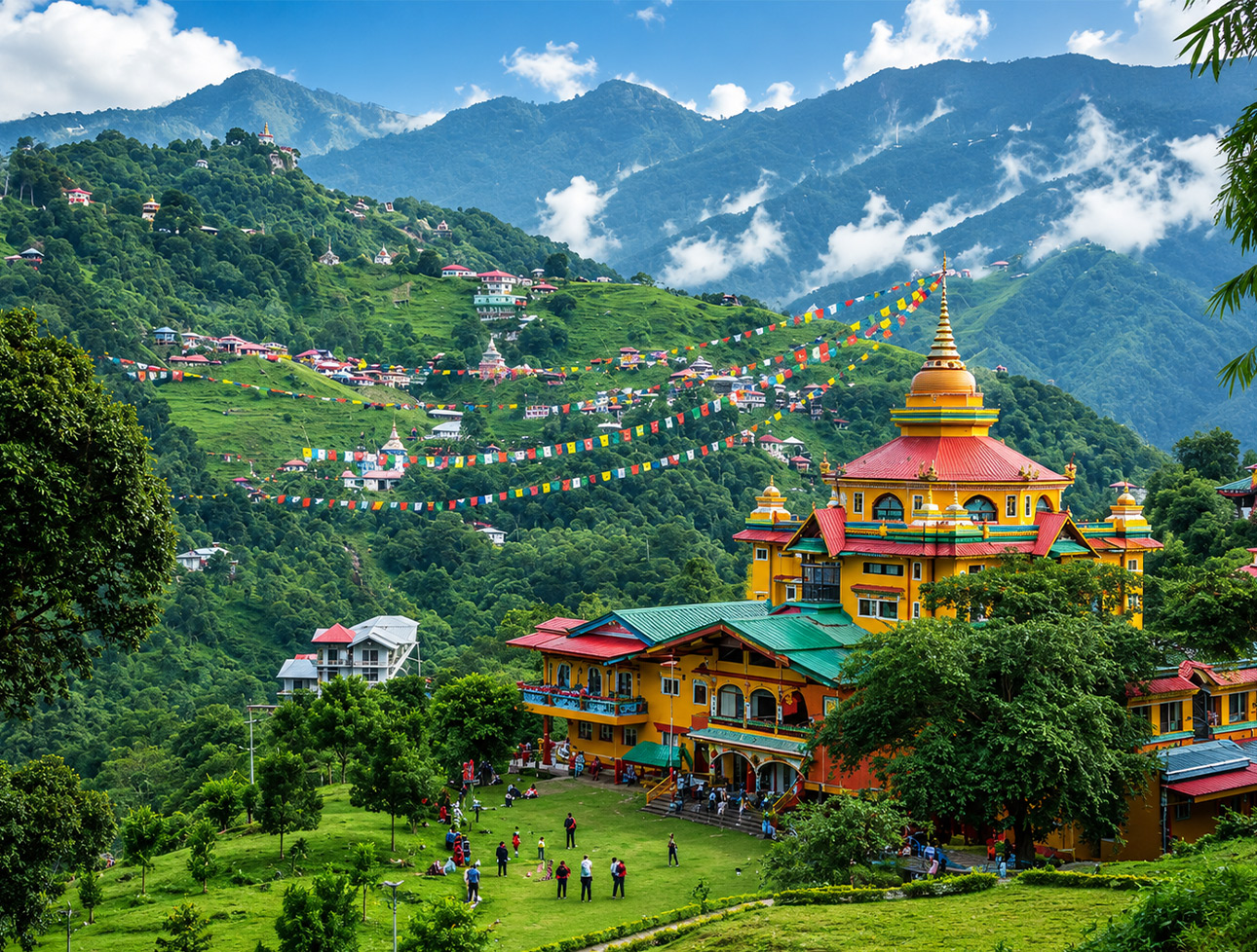 A vibrant monastery with red and yellow roofs set against a lush, green mountain landscape in Gangtok.