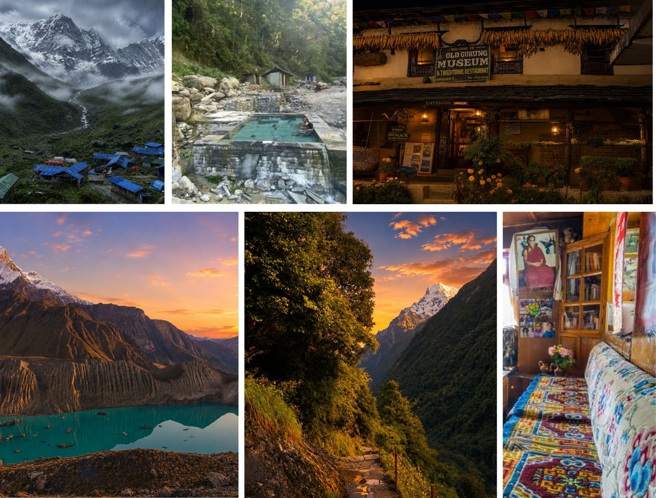 Collage of Annapurna Base Camp trekking highlights including mountain landscapes, villages, lodges, and scenic viewpoints