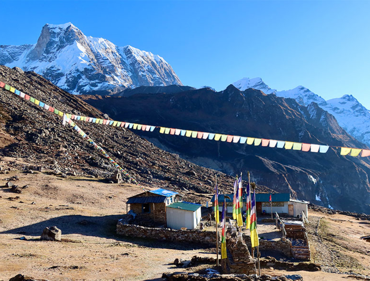 A small stone building nestled in a mountainous landscape, decorated with strings of colorful Buddhist prayer flags stretched across the foreground against a backdrop of snow-capped peaks under a clear blue sky.